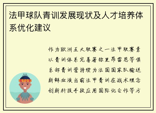 法甲球队青训发展现状及人才培养体系优化建议